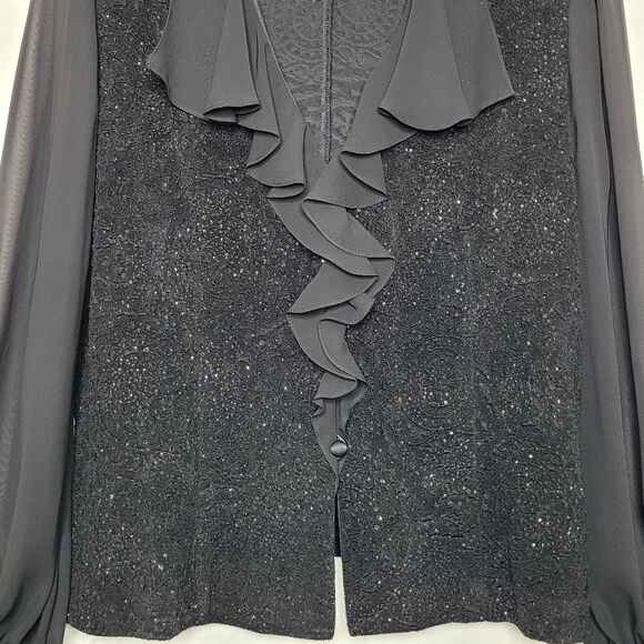 Alex Evenings Black Glitter Ruffle Button Down Top Size XL - Picture 3 of 12